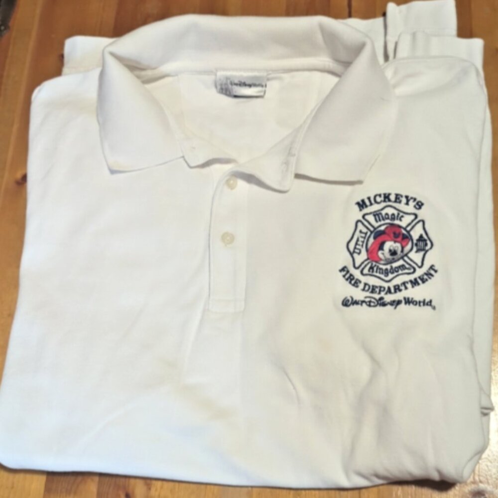 Disney Mickey’s Fire Dept Polo Shirt Mens 2XL White Cotton Collectible Exclusive